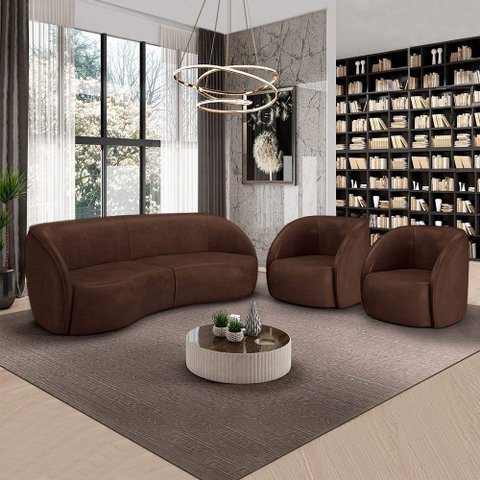 Conjunto Sofá Sala de Estar Bipartido 288cm e 2 Poltronas Clarke Pu Marrom Manchado G45 - Gran Belo