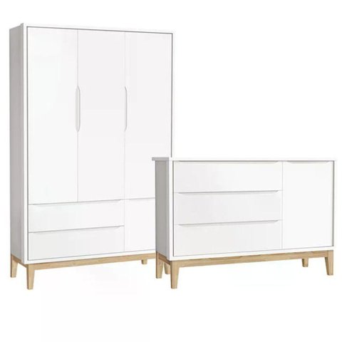 Jogo de Quarto Classic Guarda Roupa 3 Portas e Cômoda Branco Fosco com Pés Madeira Natural -