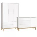Ver imagem 1 de Jogo de Quarto Classic Guarda Roupa 3 Portas e Cômoda Branco Fosco com Pés Madeira Natural -