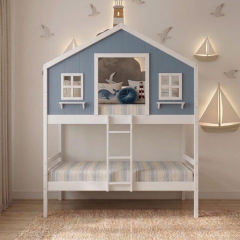 Beliche Casinha Dos Sonhos Madeira Maciça Branco|Azul Housin