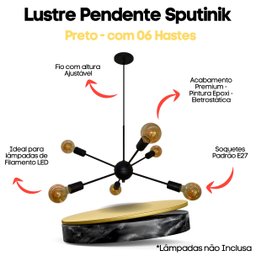 Luminária Pendente Modelo Sputinik 06 Hastes - Moderno Elegante Ideal para Sala, Quarto Preto - 2