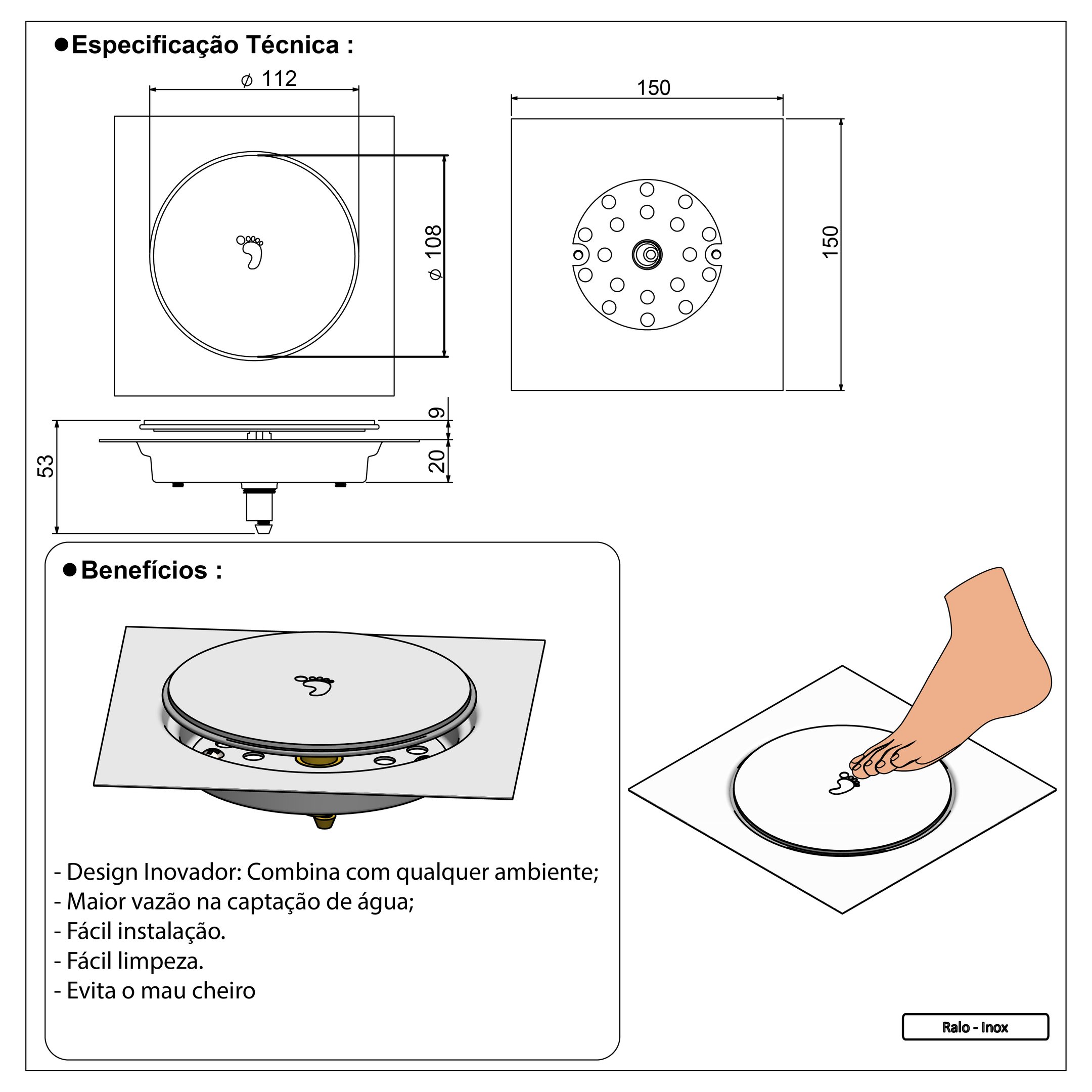 Ralo Click Inteligente Up Aço Inox Quadrado Para Banheiro ou Cozinha  10 cm - Bognar - 5