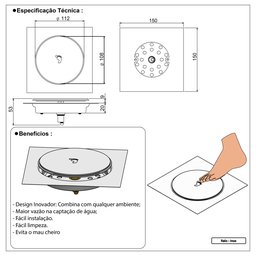 Ralo Click Inteligente Up Aço Inox Quadrado Para Banheiro ou Cozinha  10 cm - Bognar - 5