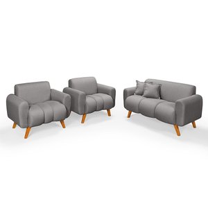 Conjunto Dallas Namoradeira com Duas Poltronas em Linho Pes em Madeira: Cinza