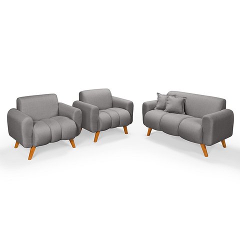 Conjunto Dallas Namoradeira com Duas Poltronas em Linho Pes em Madeira: Cinza