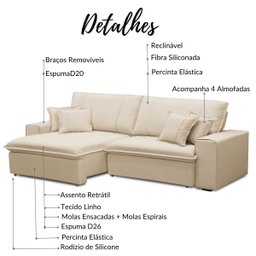 Sofá 3 Lugares Retrátil e Reclinável 210 cm Breno - Bege - 3