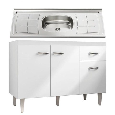 Balcão Gabinete Gabriela com Pia Inox 120cm 3 Portas Branco/Preto - Ajl Móveis