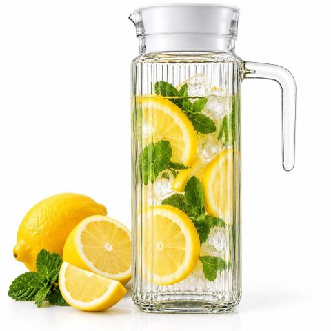 Jarra de Vidro 1 Litro com Tampa e Alça Garrafa para Água Suco Geladeira Decorada Multiuso