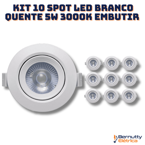 Kit 10 Spot de Led 5w Branco Quente 3000k Redondo Direcionável Bivolt 110v/220v Embutir