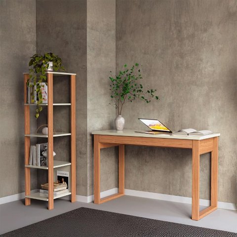 Mesa Escrivaninha C/ Estante Industrial Dalla Costa 100% Mdf Cor:off White com Freijó
