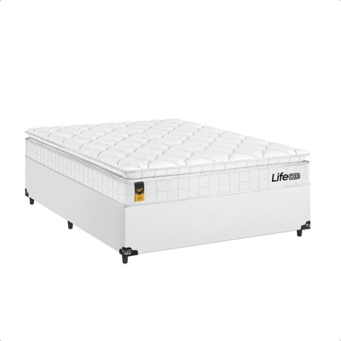 Cama Box Viúva Couro Branco + Colchão Life D33 Pillow Top Branco - 61x128x188cm - e-Shop Casa