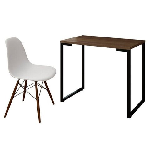 Mesa Escrivaninha Fit 90cm Castanho e Cadeira Charles Branca - Mpozenato