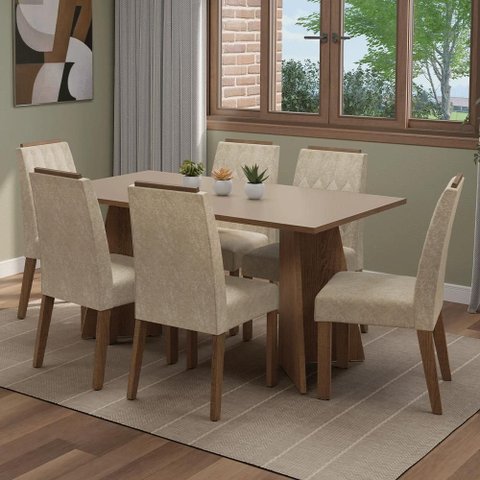 Conjunto Sala de Jantar Tampo de Madeira 6 Cadeiras Rustic/crema/imperial Leon Madesa