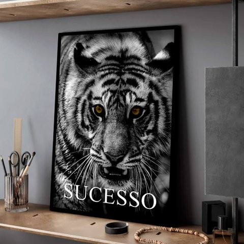 Quadro Decorativo Motivacional Tigre de Sucesso em Moldura Caixa Tacolado Papel de Parede Moldura Ca