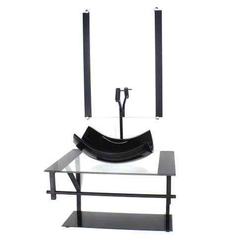 GABINETE DE VIDRO PARA BANHEIRO 60CM AP CUBA RETANGULAR CURVADA PRETO COM TORNEIRA PRETA