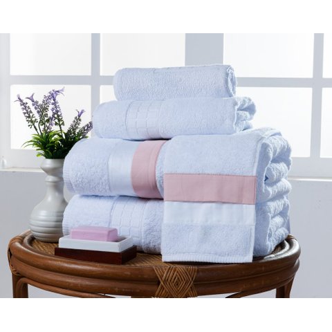 Jogo de Banho Laisa 5Pçs Tecido Egípcio 100% Algodão Branco/Rosa