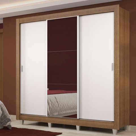 Guarda-Roupa Casal Madesa Lyon Plus 3 Portas de Correr com Espelho 4 Gavetas com Pés Rustic/Branco C