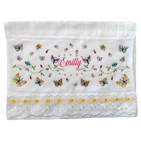 Toalha Bordada De Mão Lavabo bem trabalhado com lindas e várias Borboletas Dohler Artesanalle FITA A