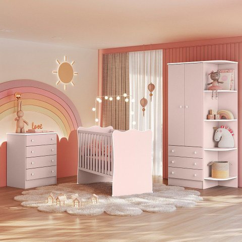 Quarto de Bebê Doce Sonho Completo Qmovi Rosa Acetinado