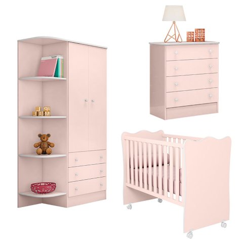 Conjunto para Quarto de Bebê Completo Berço com Colchão Cômoda e Roupeiro Doce Sonho Rosa Qmovi