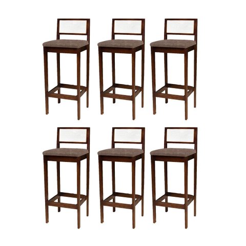 Kit 6 Banquetas Madeira Imbuia com Linho Marrom para Cozinha com Encosto Palha Indiana
