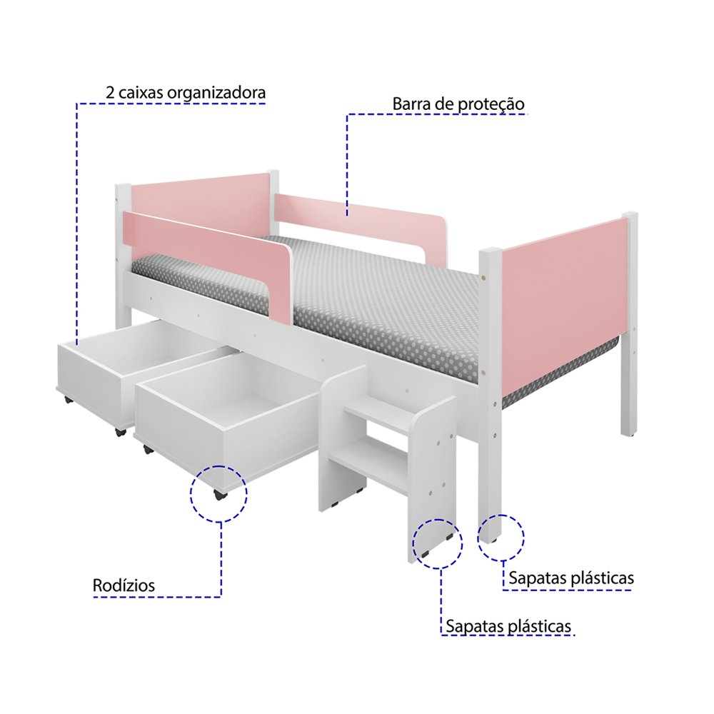 Cama Infantil com 2 Baus Organizador e Escada Luna Plus Branco com Rosa - 2