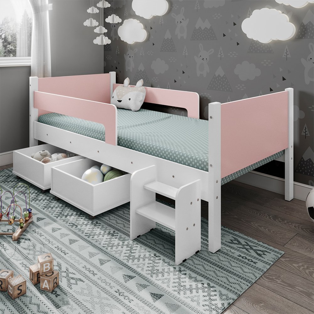 Cama Infantil com 2 Baus Organizador e Escada Luna Plus Branco com Rosa