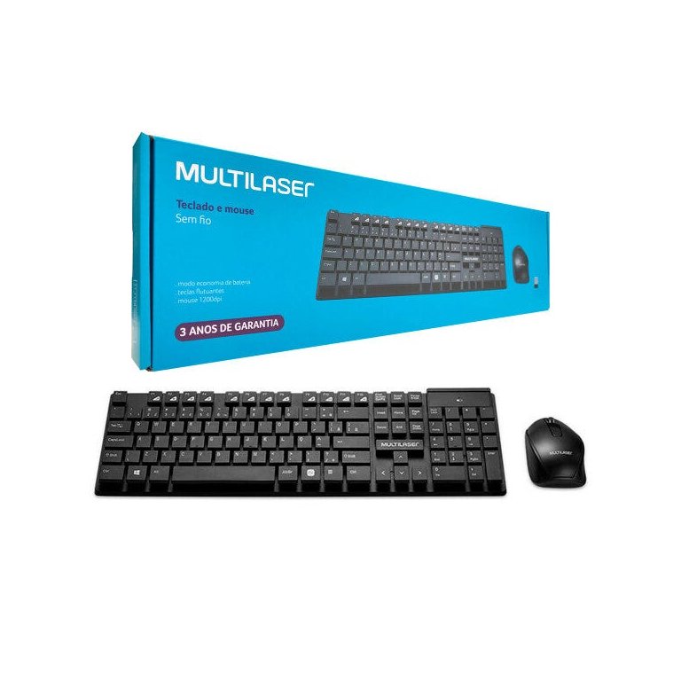 Kit Teclado e Mouse Wireless Multilaser TC251, 2.4GHz, Teclas Flutuantes, USB, ABNT2, 1200DPI, Preto