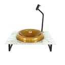 Ver imagem 1 de GABINETE COM CUBA DE VIDRO CHAPEU 10MM DOURADO REAL COM TAMPO 50CM MARMORE BRANCO DOURADO MAIS TORNE