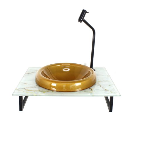 GABINETE COM CUBA DE VIDRO CHAPEU 10MM DOURADO REAL COM TAMPO 50CM MARMORE BRANCO DOURADO MAIS TORNE