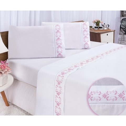 Jogo lençol Veneza quarto casal Padrão bordado 4 peças 2fronha: Branco com Rose