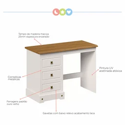 Escrivaninha Mesa Escritório 3 Gavetas com Tampo em Madeira Maciça Smile - 4 Escrivaninha Mesa Escritório 3 Gavetas com Tampo em Madeira Maciça Smile - 4