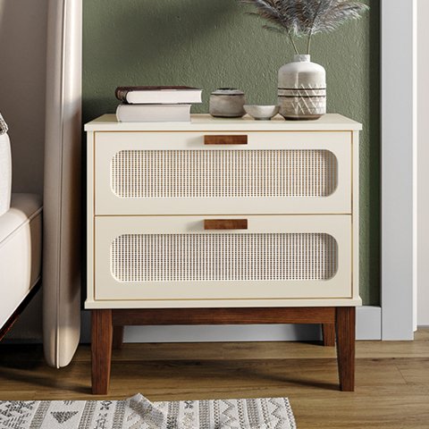 Mesa de Cabeceira 2 Gavetas Santorini Off White 60 Cm Palhinha Indiana