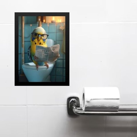 Quadro Divertido Banheiro Periquito Lendo Jornal 45x34cm - com Vidro:moldura Branca