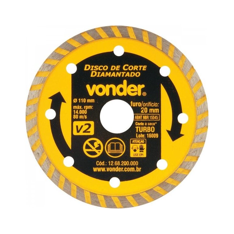 Disco de corte diamantado 110 mm furo de 20 mm turbo V2 Vonder