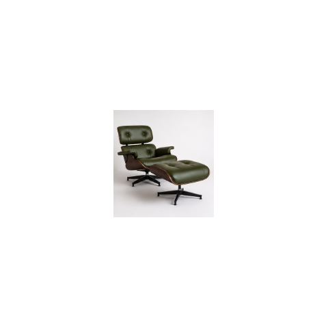 Poltrona Charles Eames com Puff - Pau Ferro em Couro Verde Militar