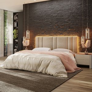 Cabeceira Estofada Cama Casal King Size com Led Moderna 200 Cm:linho Bege
