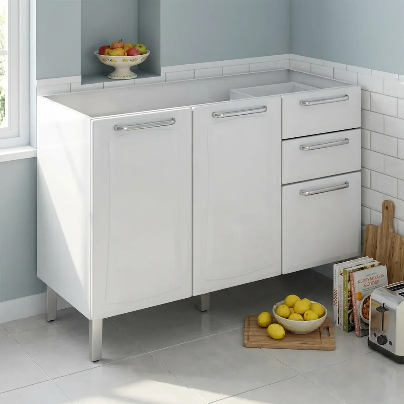 Ver mais imagens de Balcão de Cozinha em Aço 3 Portas 2 Gavetas 120cm sem Tampo Tarsila Itatiaia Branco
