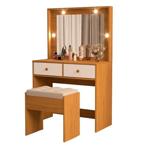 Penteadeira Livia com 2 Gavetas Luz de Led e Banqueta Nature/off White