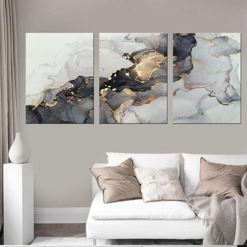 Quadro Abstrato Decorativo Mármore Dourado com Cinza