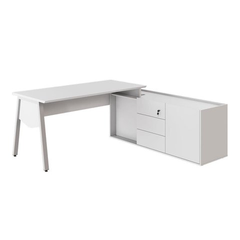 Mesa L Diretor com Armário Lateral 3 Gavetas 180cm Industrial Tampo Chanfrado Executive Cinza