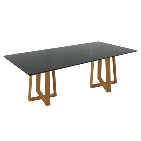 Mesa de Sala Jantar Elma Madeira Maciça C/ Tampo Madeirado C/ Vidro 200x100cm Carvalho/preto Fosco