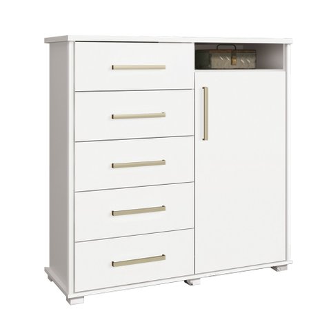 Cômoda Para Quarto 5 Gavetas 1 Porta 2 Prateleiras Siena F08 Branco - Mpozenato