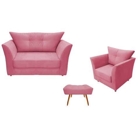 Kit Namoradeira + 1 Poltrona Decorativa Isis + 1 Puff Retangular Suede Rosa Pés Madeira Mz Decor
