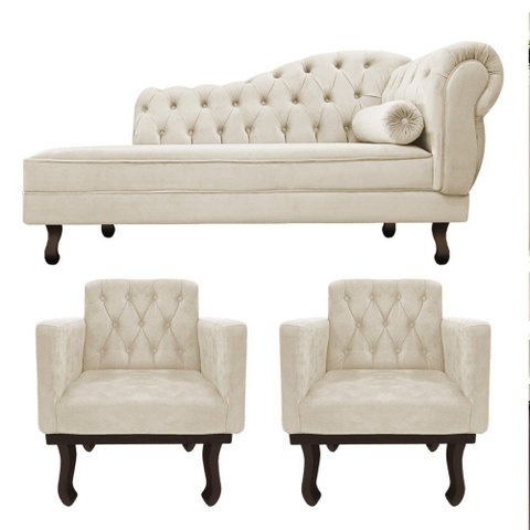 Kit Diva Recamier Juliana 160cm Lado Esquerdo e 02 Poltronas Classic Suede Bege - Amarena Móveis