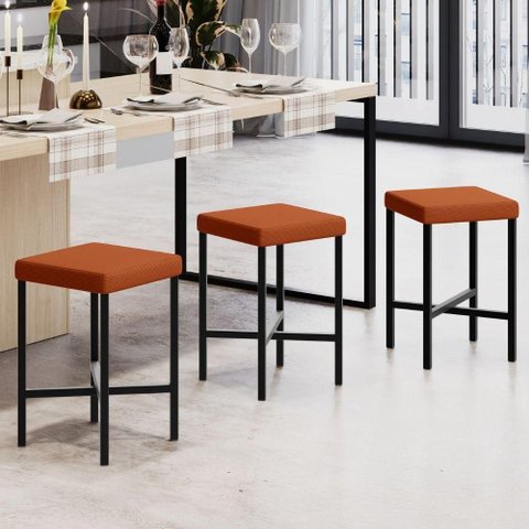 Kit 04 Banquetas Baixa Bar Cozinha Sala de Jantar Preto Stella L02 Tecido Terracota - Lyam Decor