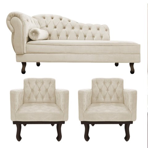 Kit Diva Recamier Juliana 140cm Lado Direito e 02 Poltronas Classic Suede Bege - Amarena Móveis