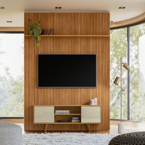 Rack com Painel Ripado para TV até 65 Polegadas MDF 179cm x 244,5cm New Panorama Marrom Cumaru/Opala