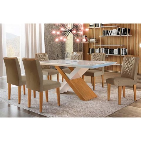 Conjunto: Mesa Sala Jantar Imperatriz Tampo Madeirado C/ Vidro Canto Curvo 180x90 e 6 Cadeiras Jade
