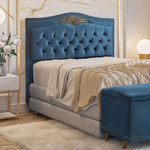 Cabeceira Cama Box Casal 1,40 Estofada Luxor Azul Holanda Plus - Star Confort